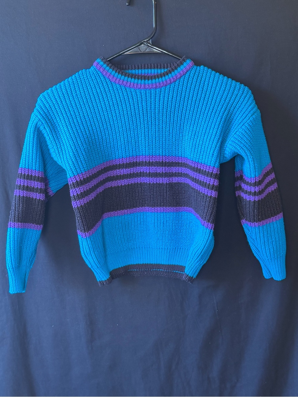 High Sierra Unisex Kids Teal Crewneck Sweater with Purple and Black Stripes